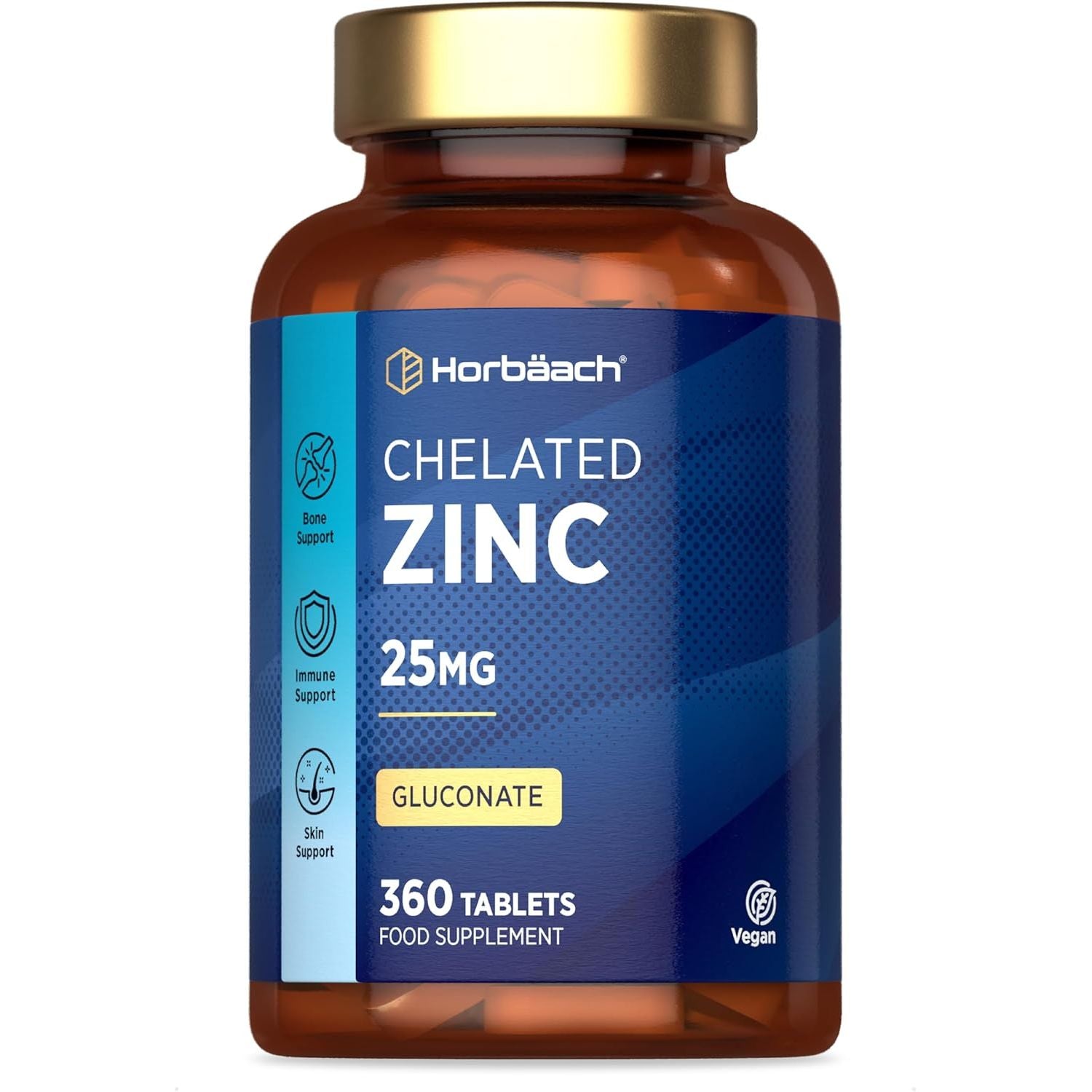 Zinc Tablets 25Mg | (1 Year Supply) High Absorption Chelated Zinc | Immunity Support Supplements | 360 Vegan Tablets | by Horbaach