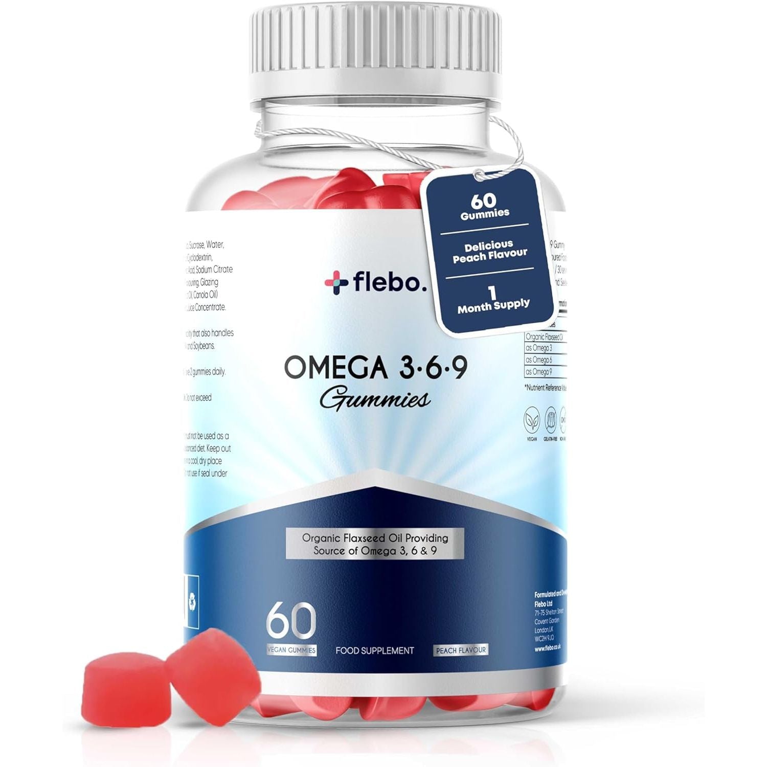 Flebo Vegan Omega 3 6 9 Gummies Fatty Acids Supplements for Adults | High Strength Fish Oil Alternative | Vegetarian, Derived from Flaxseed Oil | Supports Heart, Brain, Liver & Eye Health