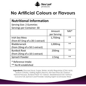 Sea Moss Gummies - Enriched with Irish Sea Moss, Burdock Root and Bladderwrack - High Strength 3000Mg Vegan Gummy - Seamoss Gummies Made in UK by New Leaf 60 Gummys