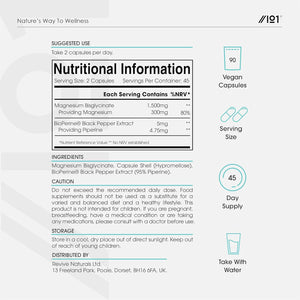 Magnesium Glycinate 1500Mg with Bioperine® – Supports the Nervous System - Reduces Tiredness and Fatigue - 90 Vegan Capsules (45 Days Supply) - Resealable and Recyclable Pouch - by Alpha01
