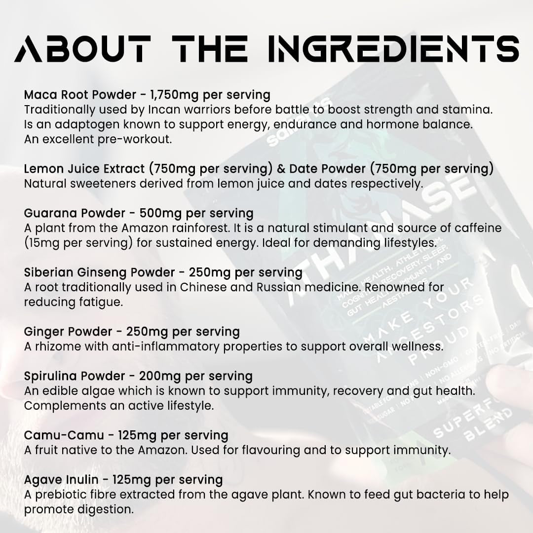 SALIENTS® ATHANASE® | Men'S Super Greens Powder | Superfood Powder Blend | Includes Maca Root, Guarana, Ashwagandha, Lions Mane, Shilajit, Fenugreek & More | 250G & 50 Servings | UK