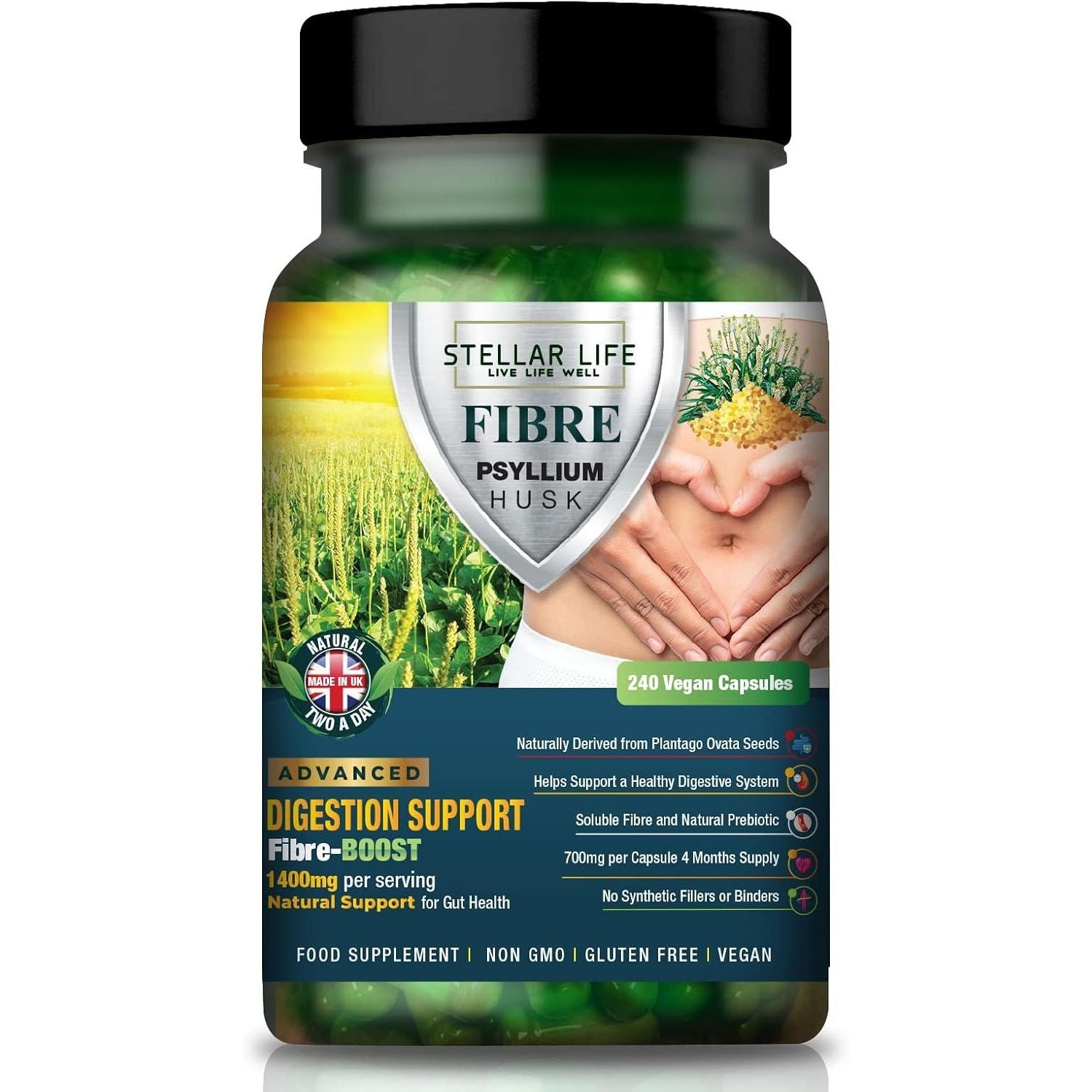 240 X Psyllium Husks Fibre Supplement – 1400Mg per Serving – Naturally High in Soluble Fibre – High Strength Vegan Capsules – 4 Months Supply – Made in the UK