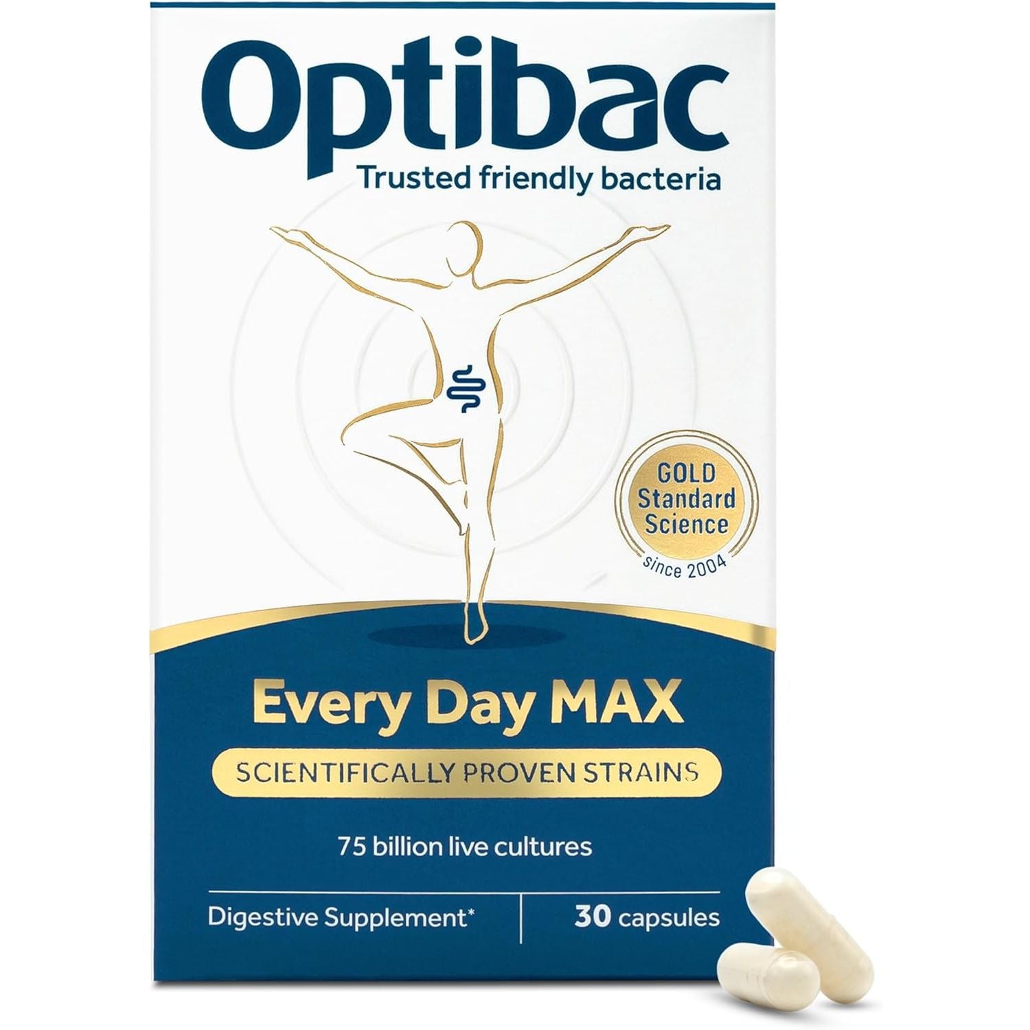 Optibac Probiotics Every Day MAX - Advanced Maximum Strength Vegan Digestive Probiotic Supplement with 75 Billion Bacterial Cultures - 30 Capsules