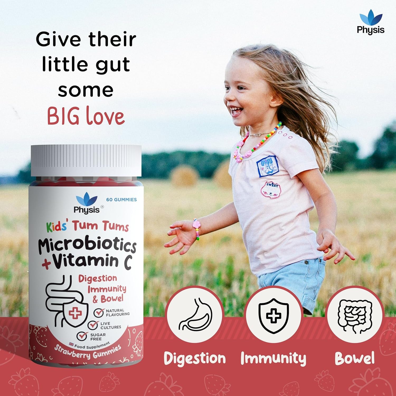 Physis Kids Probiotics Gummies with Vitamin C | 60 Gummies | Probiotics for Children | Chewable Kids Vitamins | Childrens Gut Health | Ages 2+