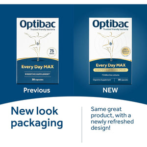 Optibac Probiotics Every Day MAX - Advanced Maximum Strength Vegan Digestive Probiotic Supplement with 75 Billion Bacterial Cultures - 30 Capsules