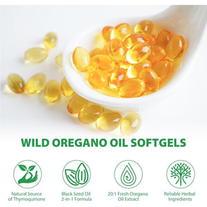 Wild Oil of Oregano Softgels 2 In1 6,000 Mg Oregano Oil with Black Seed 120 Softgels Easy to Swallow for Enhancing Immune System & Bone Health