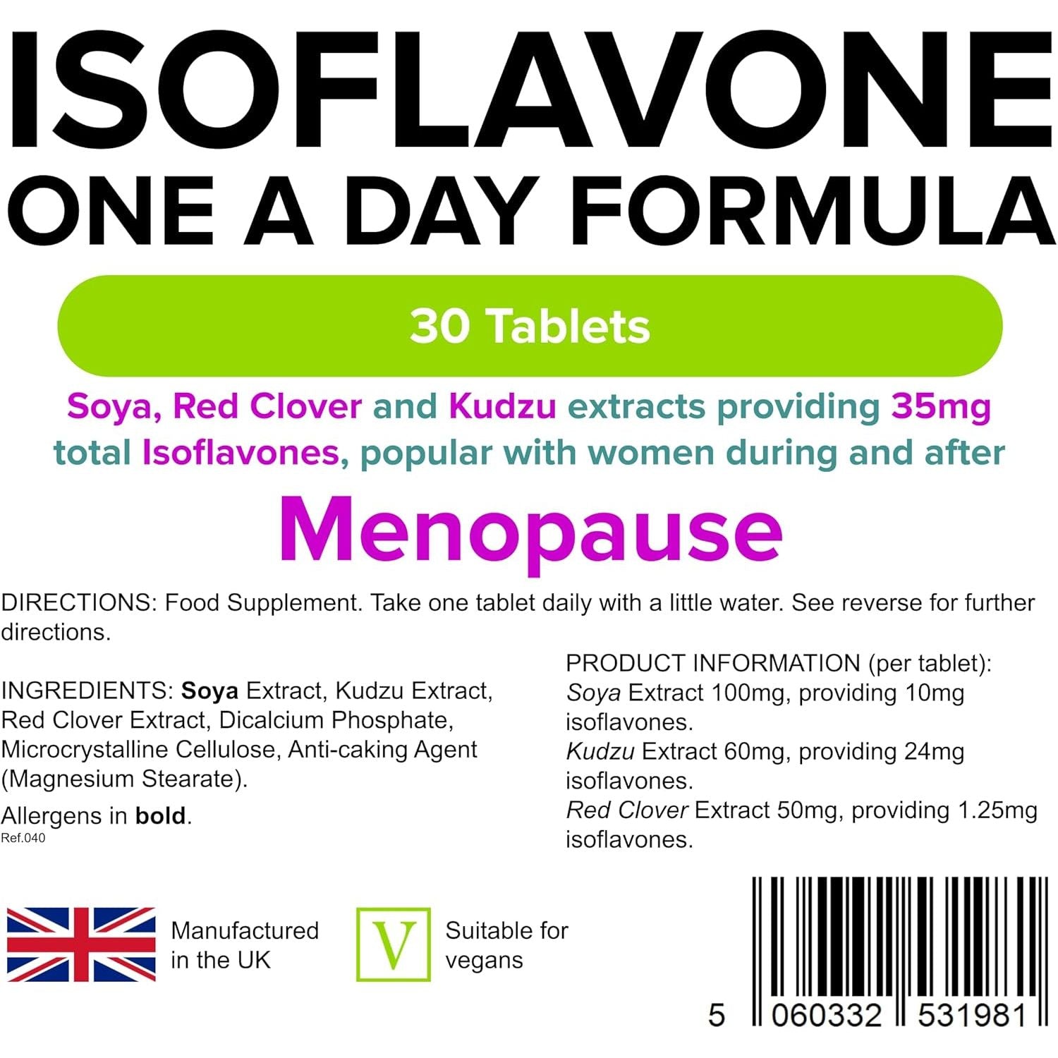 SOYA Isoflavones - 30 Tablets - 1-A-Day - UK Made - Red Clover, Kudzu - Vegan Formula (1 Months Supply) | Letterbox Friendly