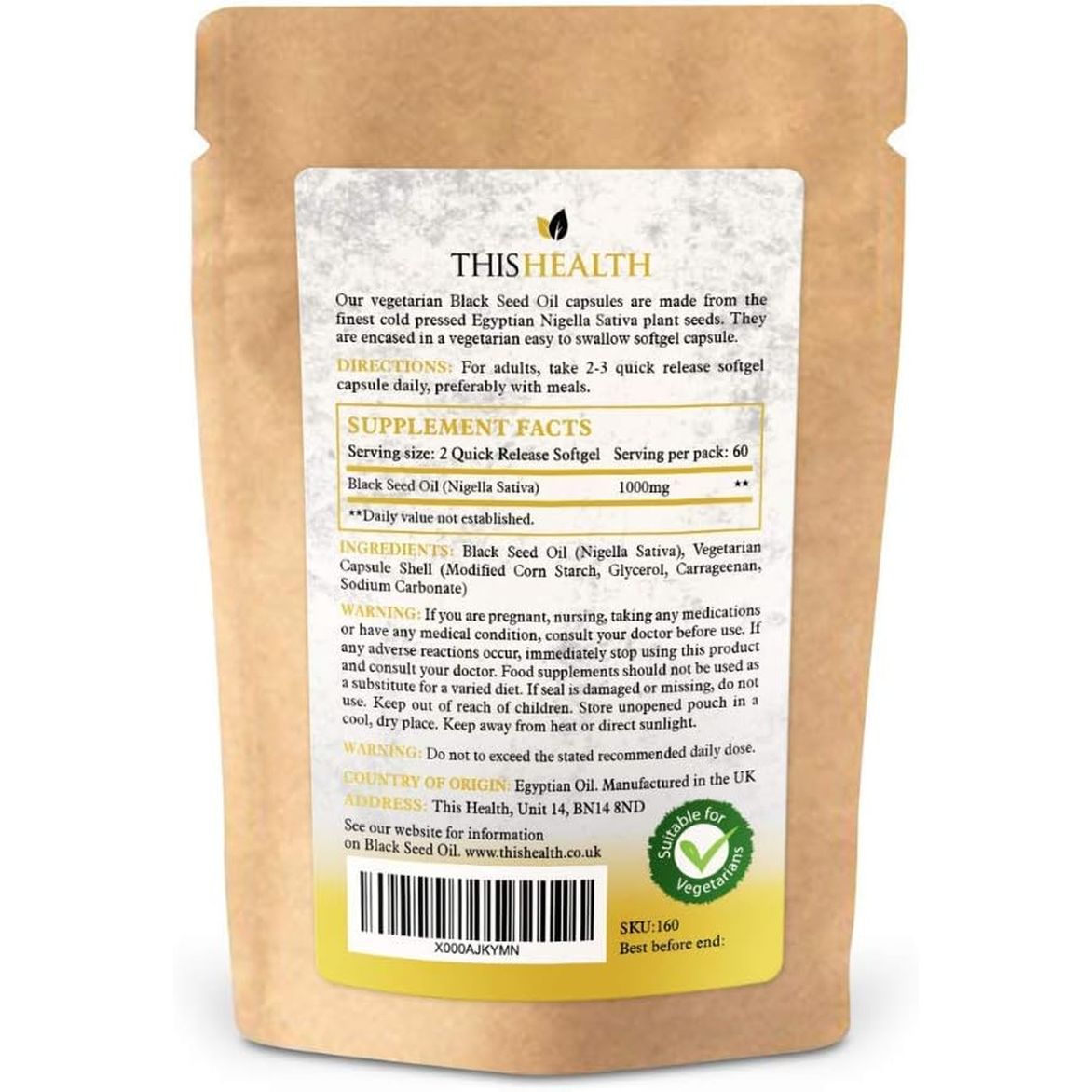 120 - Black Seed Oil Vegetarian Capsules - Cold Pressed Egyptian Oil, Soft-Gel Capsules.