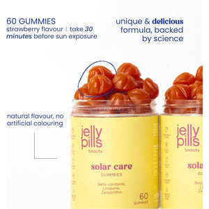 Jelly Pills® Beta Carotene Gummies with Lycopene, Copper and Vitamins A, C and E - No Sugar Added - 60 Strawberry Flavoured Vegan Gummies to Accelerate Your Skin'S Tanning Process