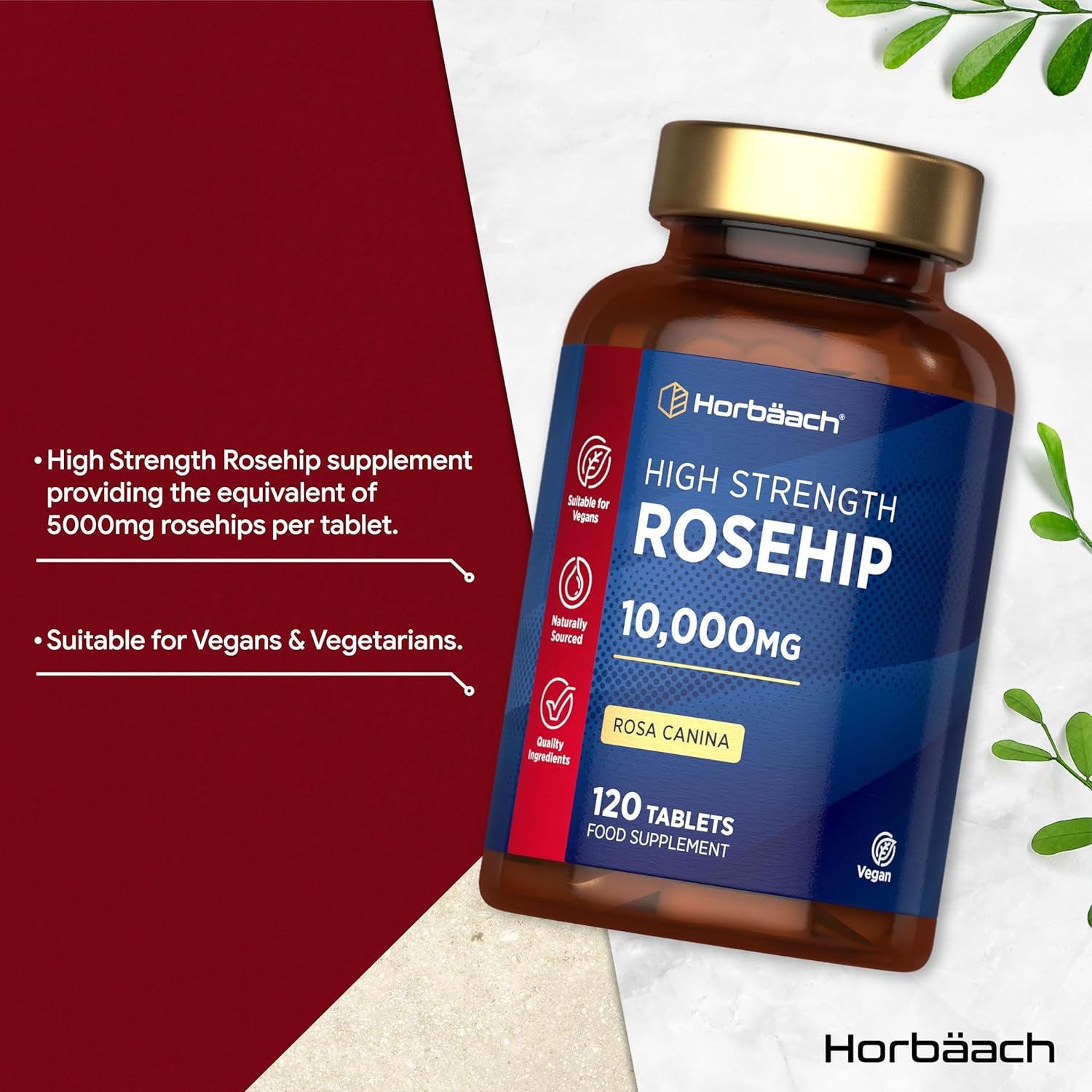 Rosehip Tablets 10,000Mg | 120 Count | High Strength 20:1 Naturally Sourced Rosa Canina Extract | Suitable for Vegans | by Horbaach