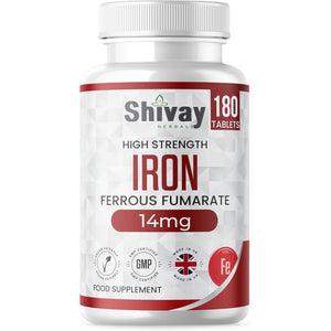 Iron 14Mg Tablets | 180 Vegan Tablets - 6 Month Supply | High Strength Ferrous Fumarate Supplement | for Tiredness & Fatigue | Made in the UK by Shivay Herbals