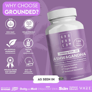 Grounded Ashwagandha KSM-66® High Strength 3,000Mg | 4-In-1 Formula | 120 Tablets / 2 Month Supply | L-Theanine, L-Tryptophan, Vitamin B6 & Black Pepper | Vegan-Friendly, UK Made