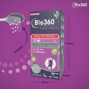 Natures Aid Bio360 Kidz Pro-5 Daily Microbiotic Powder 90G for Children 12 Months to 12 Years - 5 Billion Friendly Bacteria - Supports Digestive Health & Immunity Sugar Free Vegan Non-Gmo Gluten-Free