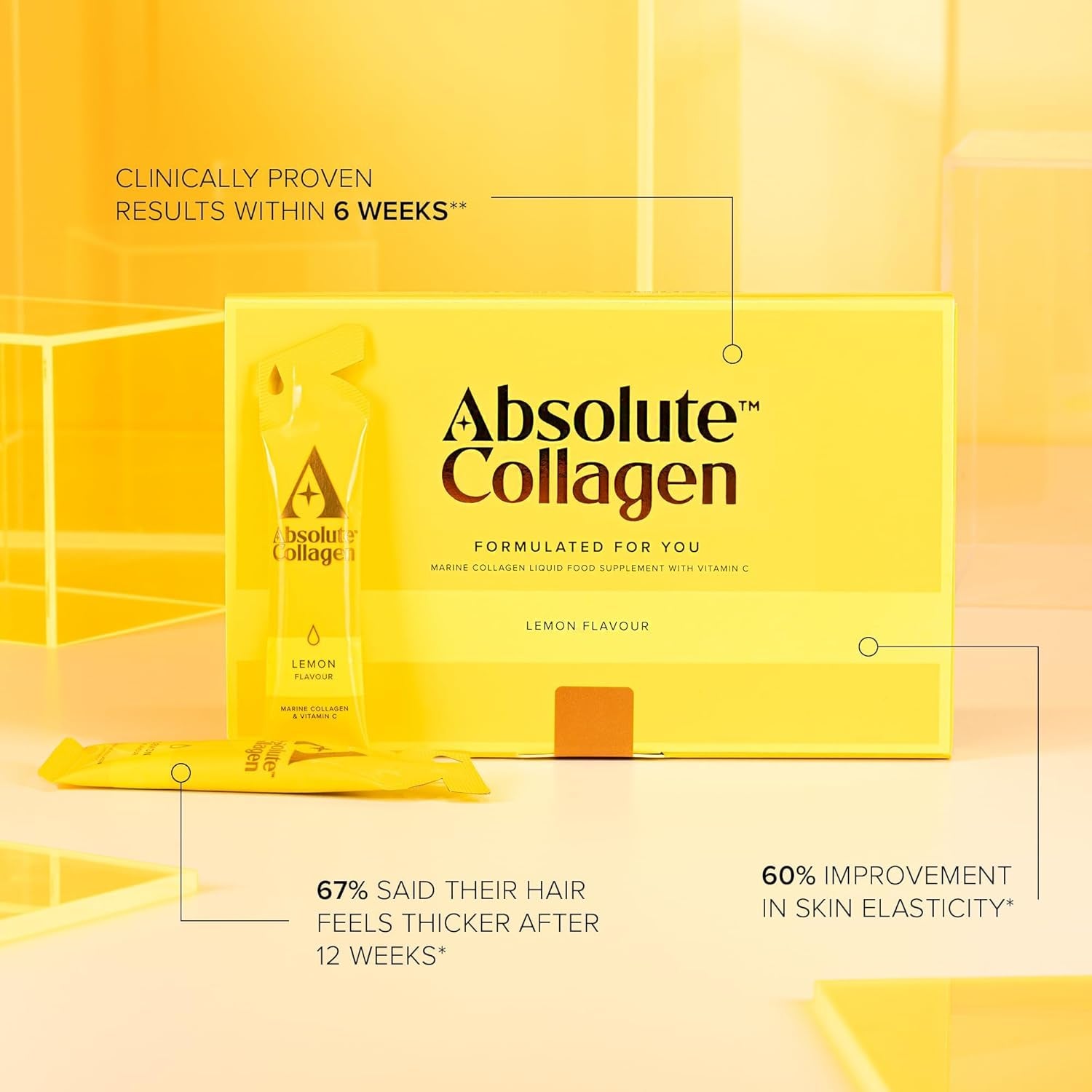 Absolute Collagen Marine Liquid Collagen Supplement for Women | New Lemon Flavour, Supports Hair, Nail & Skin Health, 8000Mg of Hydrolysed Collagen per Sachet, Vitamin C | 14 Sachets