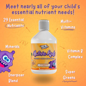 Gene Blast Active Kids Liquid Multivitamin Supplement, Minerals, and Super Greens for Children Aged 3-16 | 29 Essential Nutrients | Child Vitamins, Body Energiser Health, Growth & Development – 500Ml
