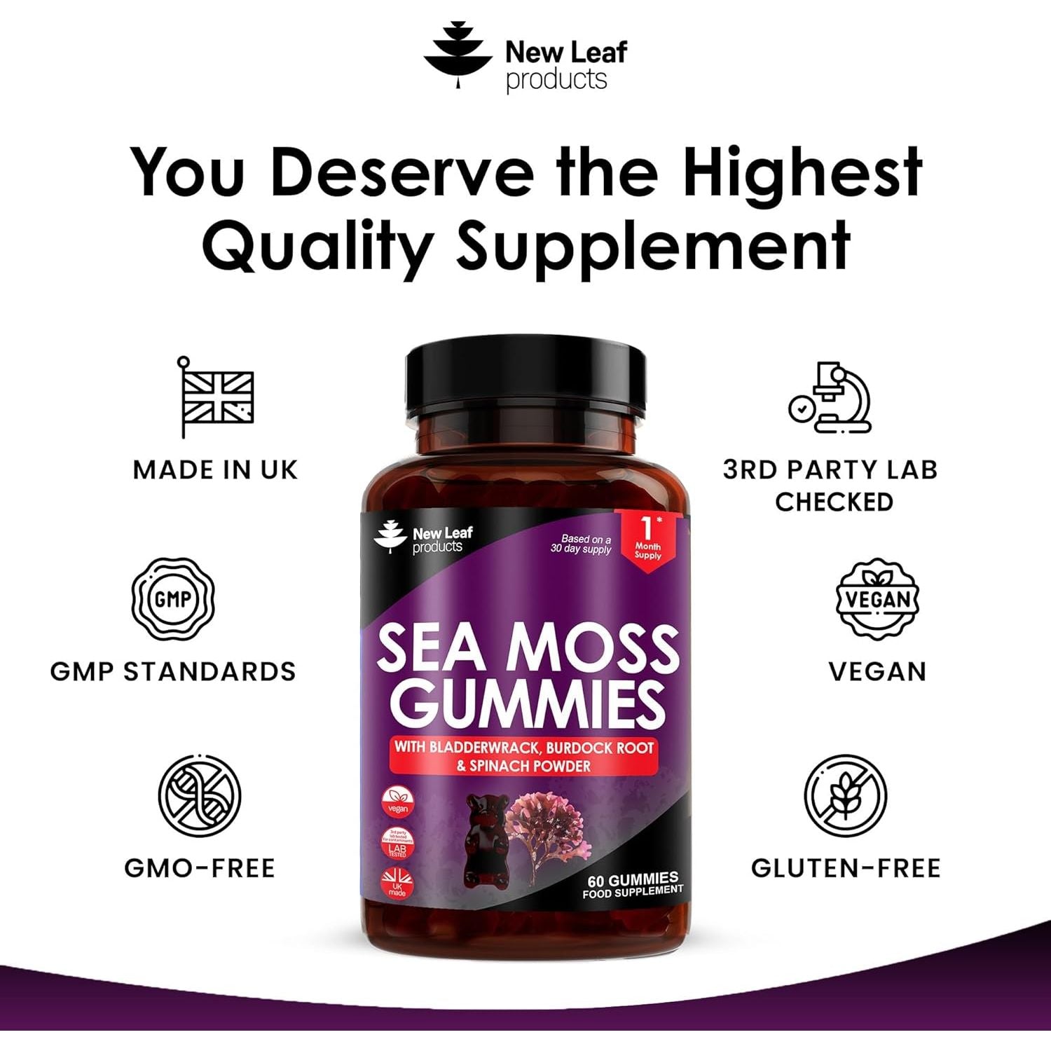 Sea Moss Gummies - Enriched with Irish Sea Moss, Burdock Root and Bladderwrack - High Strength 3000Mg Vegan Gummy - Seamoss Gummies Made in UK by New Leaf 60 Gummys