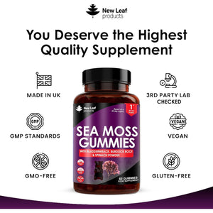 Sea Moss Gummies - Enriched with Irish Sea Moss, Burdock Root and Bladderwrack - High Strength 3000Mg Vegan Gummy - Seamoss Gummies Made in UK by New Leaf 60 Gummys