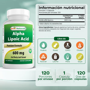 Best Naturals Alpha Liopic Acid 600 Mg 120 Count - ALA Alpha Lipoic Acid Powerful Antioxidant