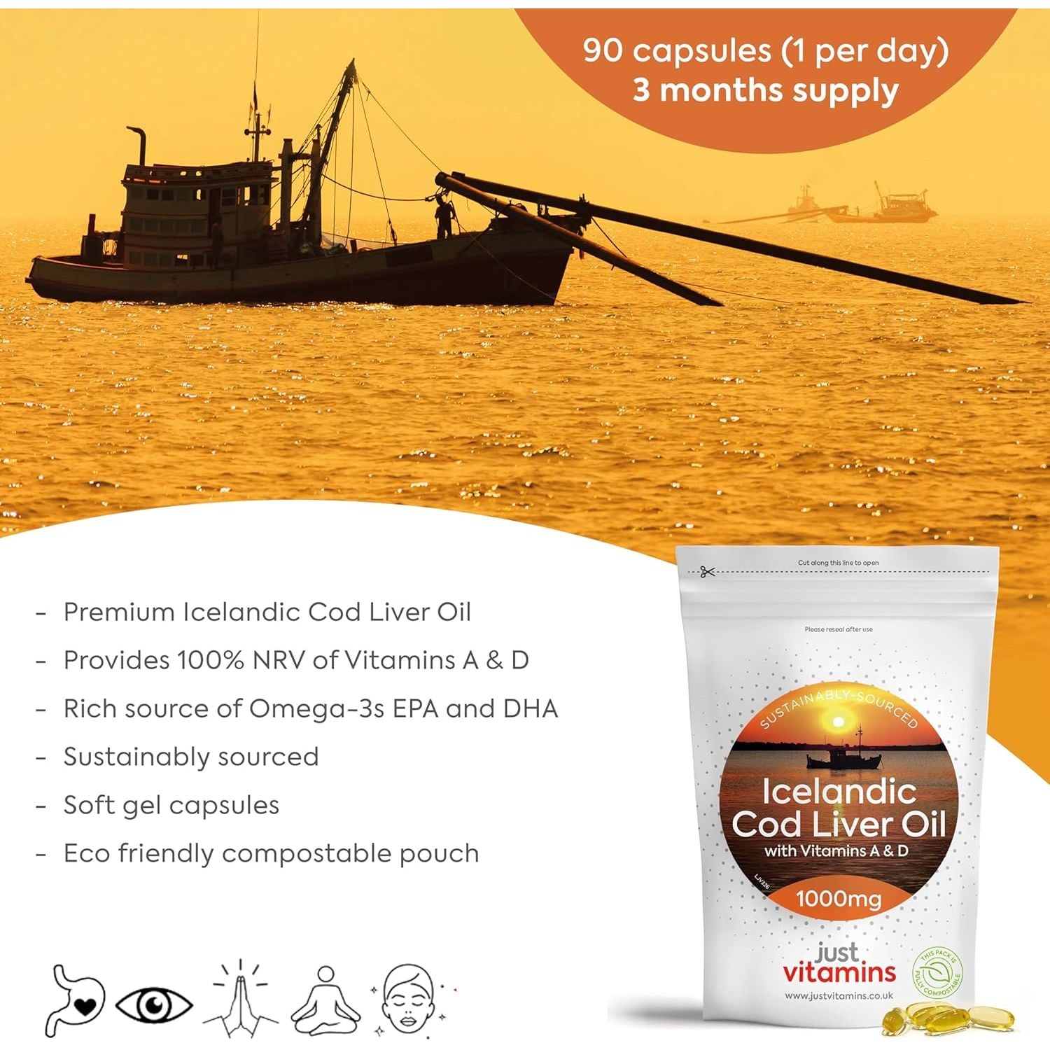 Icelandic Cod Liver Oil 1000Mg | 90 Premium Softgels | High Strength Omega 3 with Vitamins a & D | Supports Heart, Brain & Eye Health | UK Made - Just Vitamins