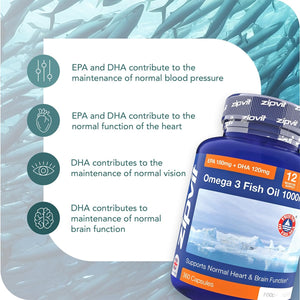 Omega 3 Fish Oil 1000Mg, 360 Softgel Capsules. 12 Months Supply. EPA 180Mg DHA 120Mg. Supports Heart, Brain Function and Eye Health.