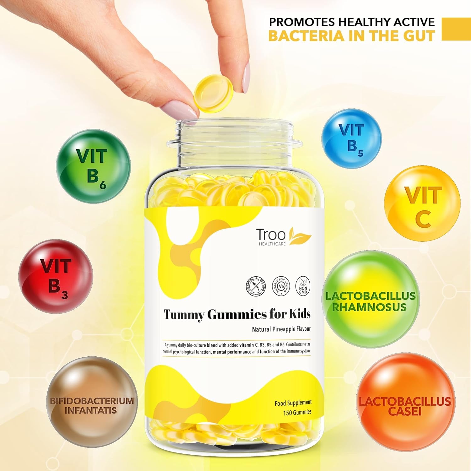 Troo Health Care Tummy Gummies Probiotics with Vitamins for Kids & Adults - 150 Natural Pineapple Active Bacteria Gummies with Vitamin C, B3, B5 & B6 to Support Immune Function & Mental Development