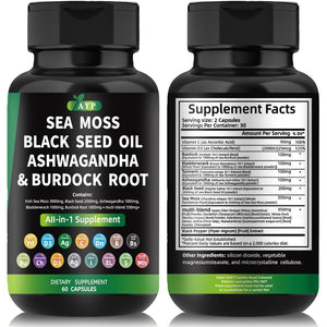 AYP Sea Moss Bladderwrack Black Seed Oil Ashwagandha Burdock Root Capsules Multi Blend Supplement + Multi Vitamin Turmeric Manuka Honey Elderberry Chlorophyll