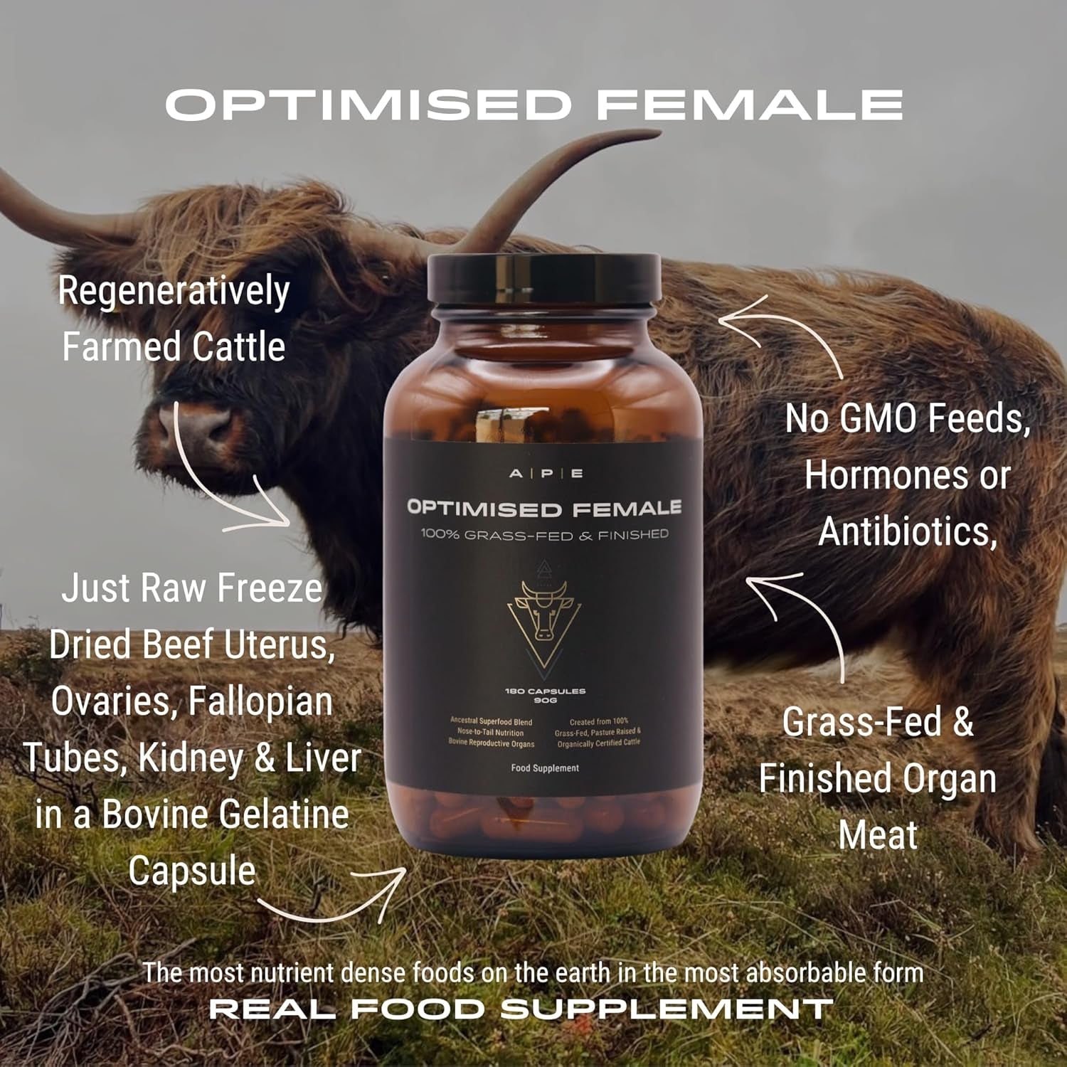 APE Nutrition Optimised Female | Hormonal & Reproductive Health Support & Balance for Women | 100% Grass-Fed Desiccated Beef Organs | Ancestral Supplements for Women | 180 Capsules