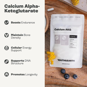 Youth & Earth Calcium AKG Supplement | High Strength Ca-Akg Supplement for Cellular Energy & Strong Bones | 60 Vegan Capsules of 500Mg Calcium Alpha-Ketoglutarate per Serving