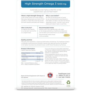 Healthspan High Strength Omega 3 1,000Mg (120 Capsules) | Supports Brain, Eye & Heart Health | 120Mg DHA & 170Mg EPA per Capsule | Highly Purified to Remove Toxins | Sustainably Sourced Fish Oil