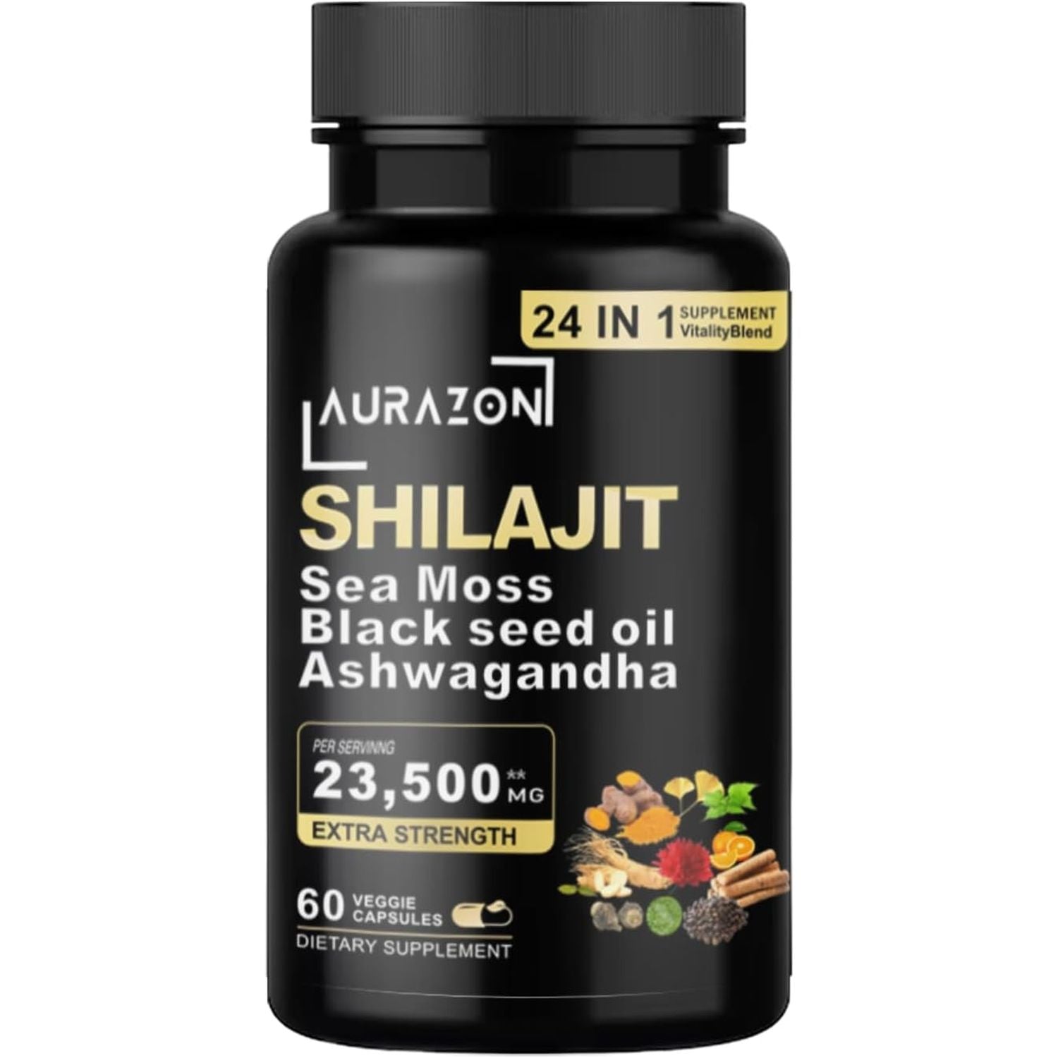 Aurazon Pure Himilayan Shilajit Enriched with Ashwagandha,Sea Moss,Black Seed Oil & Rhodiola Rosea, High Strength 23500 Mg Shilajit Complex Capsules with 2 Months Supply for Both Men and Women