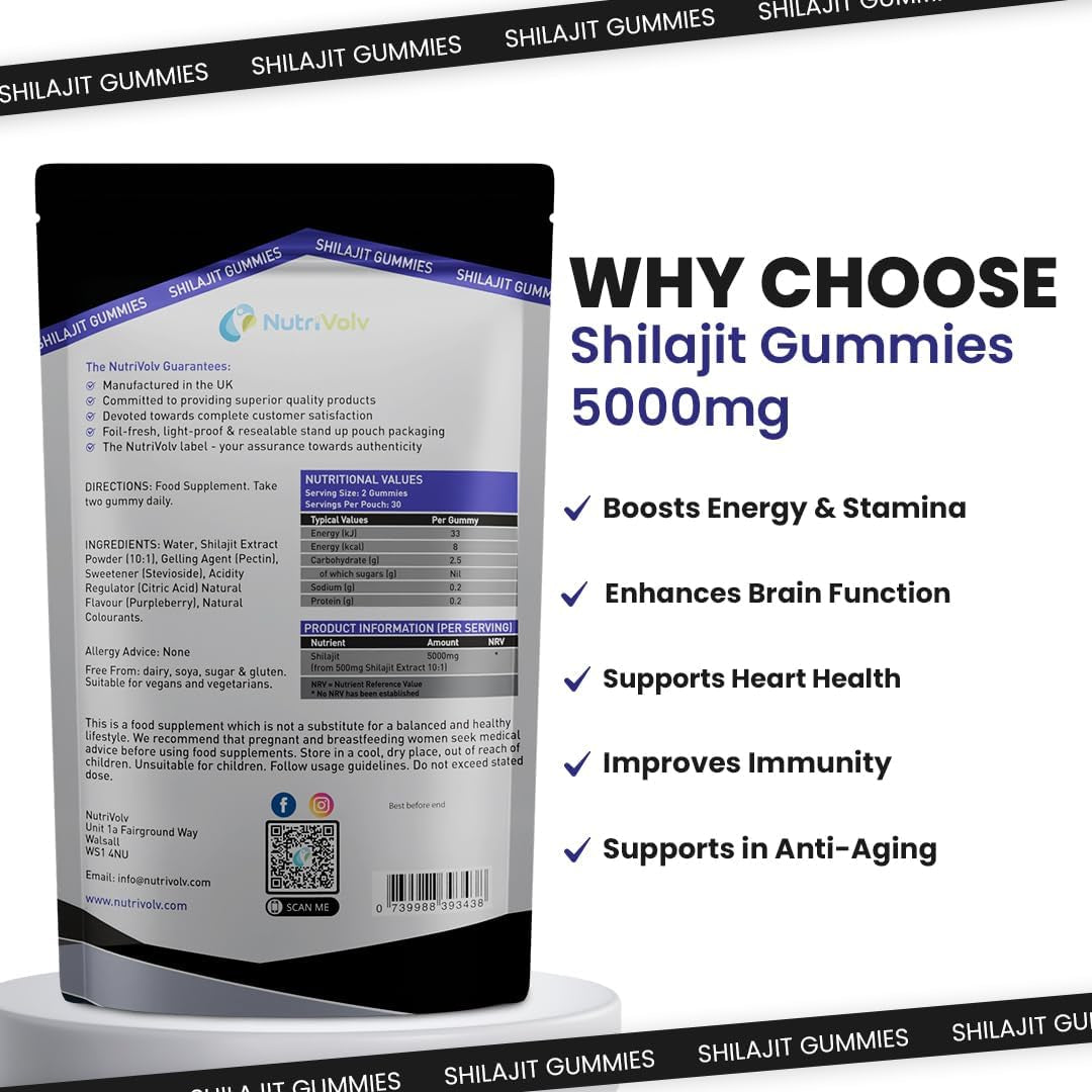 Himalayan Shilajit Gummies | 5000Mg High Strength | 60 Count | Pure Shilajit for Men and Women | Purpleberry Flavoured | Vegan | 85+ Trace Minerals, Rich in Fulvic Acid | Energy Immune | by Nutrivolv