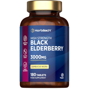 Elderberry Supplement 3000Mg | Black Sambucus Nigra Tablets | High Strength Extract | 180 Vegan Tablets | by Horbaach