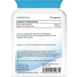 Health4All Slippery Elm 300Mg 90 Capsules, Digestive Health & Acid Reflux Support. Vegan Digestive Support Supplement, Slippery Elm Inner Bark Powder, Stomach Soothe, Gluten Free | Made in UK