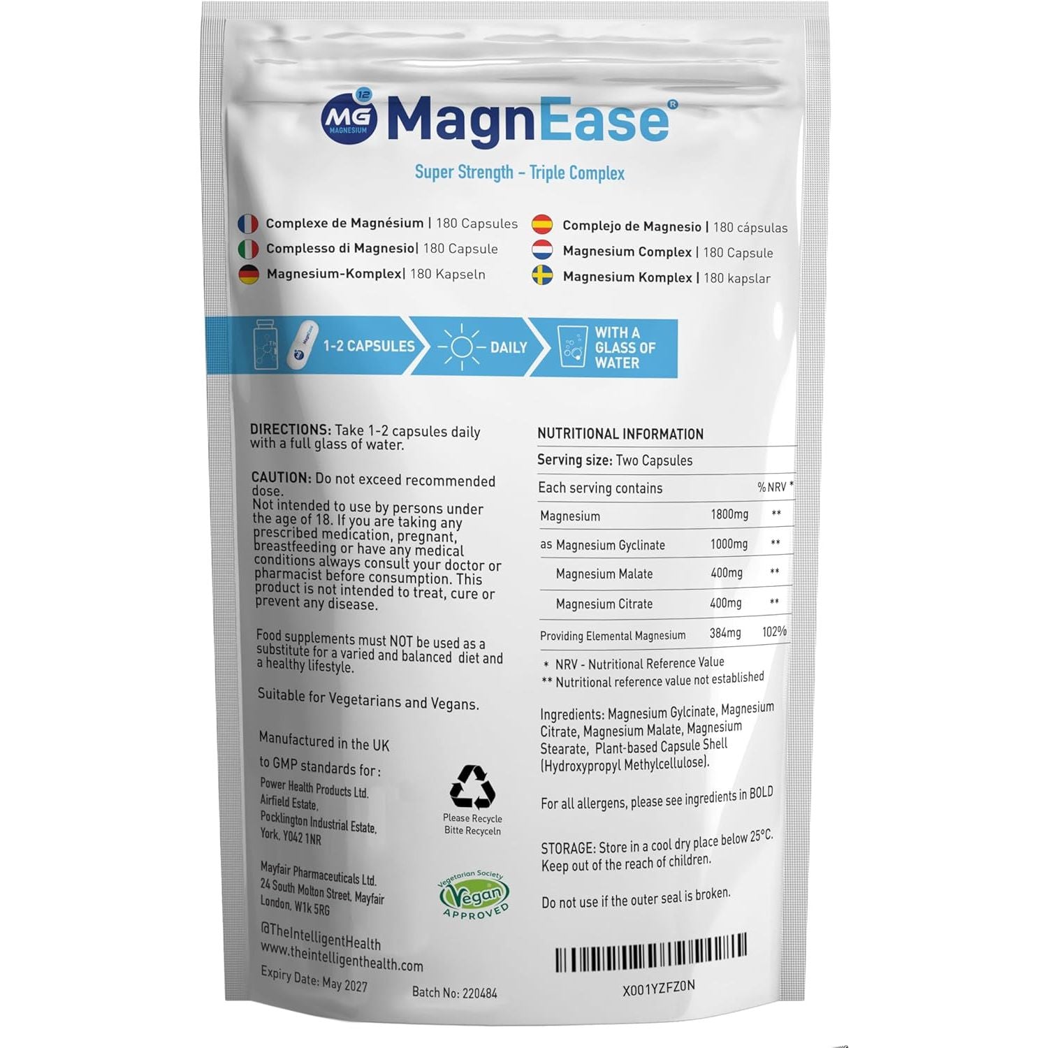 The Intelligent Health Magnease Magnesium, 1800 MG Super Strength - Triple Complex with Magnesium Gylcinate, Malate & Citrate (180)