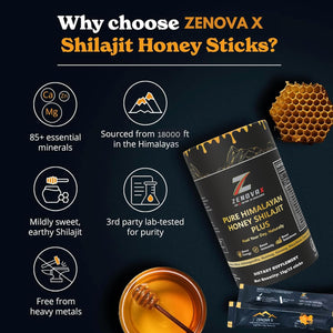 ZENOVA X Himalayan Shilajit Honey plus with Ashwagandha, Saffron, Ginseng | Gold Grade 100% Pure Honey and Shilajit | 15 Sticks for Energy Boost & Immune Support, 85+ Trace Minerals, 75%+ Fulvic Acid