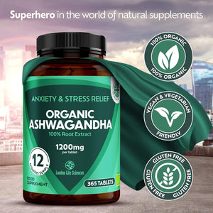 Organic Ashwagandha 1200Mg - 365 Tablets High Concentration Vegan Organic Root Extract - 12 Months Supply