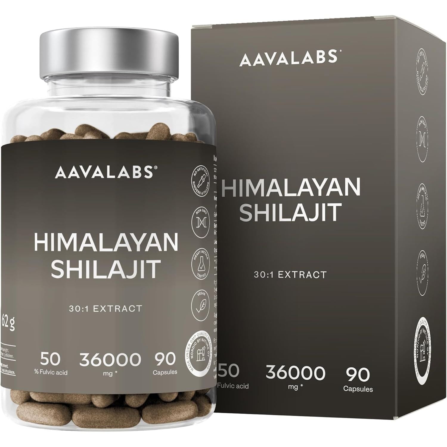 Pure Himalayan Shilajit - 36,000Mg - 30:1 Extract Ratio - 90 Pure Shilajit Capsules for Men- with 50% Fulvic Acid - More Convenient than Resin - Rich in Trace Minerals
