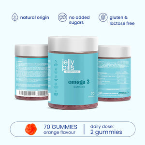 Jelly Pills® Concentrated Omega 3 Gummies (DHA + BCAA) and B Group Vitamins - 70 Orange Flavoured Vegan Gummies - No Added Sugars - for Children & Adults