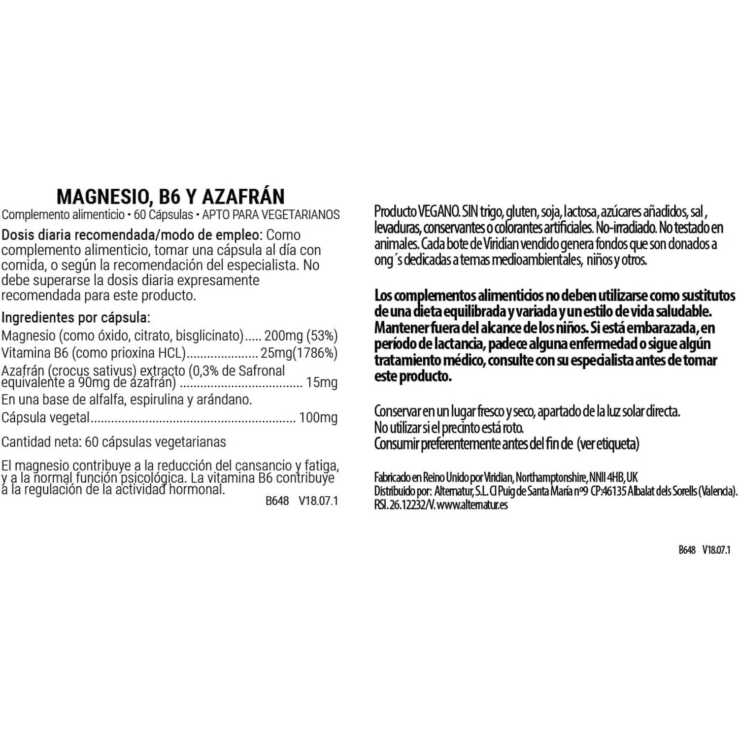 Viridian Magnesium, B6 and Saffron 60 Caps