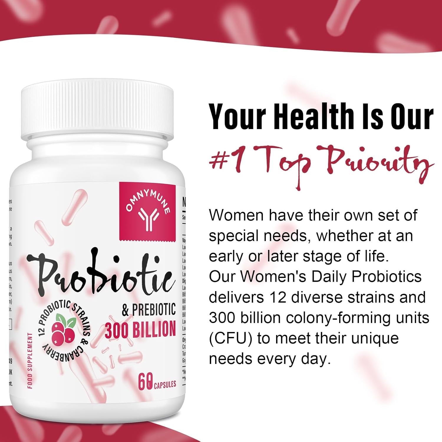 Probiotics for Women 300 Billion CFU, 12 Strains + Prebiotics, Digestive & Vaginal Health, 60 Capsules