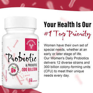 Probiotics for Women 300 Billion CFU, 12 Strains + Prebiotics, Digestive & Vaginal Health, 60 Capsules