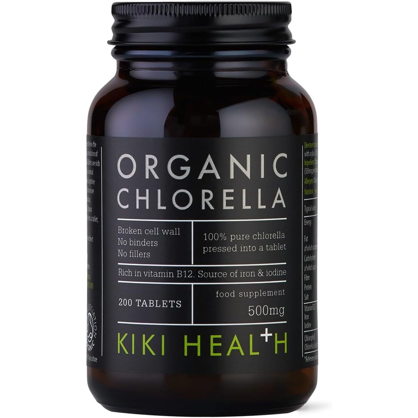 KIKI Health Organic Chlorella Tablets | 100% Organic Chlorella - Digestive, Immune, & Brain Health | Natural Source of Vegan Protein & Vitamins | Superfood for Detox Support, 200 Tablets (500Mg)
