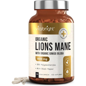 Vitabright Lions Mane Supplement Capsules | Mushroom Complex | 3600 Mg per 2 Capsules | 4 Month Supply | Organic Lions Mane Powder & Gingko Biloba | High Strength Lionsmane Supplement | Made in UK