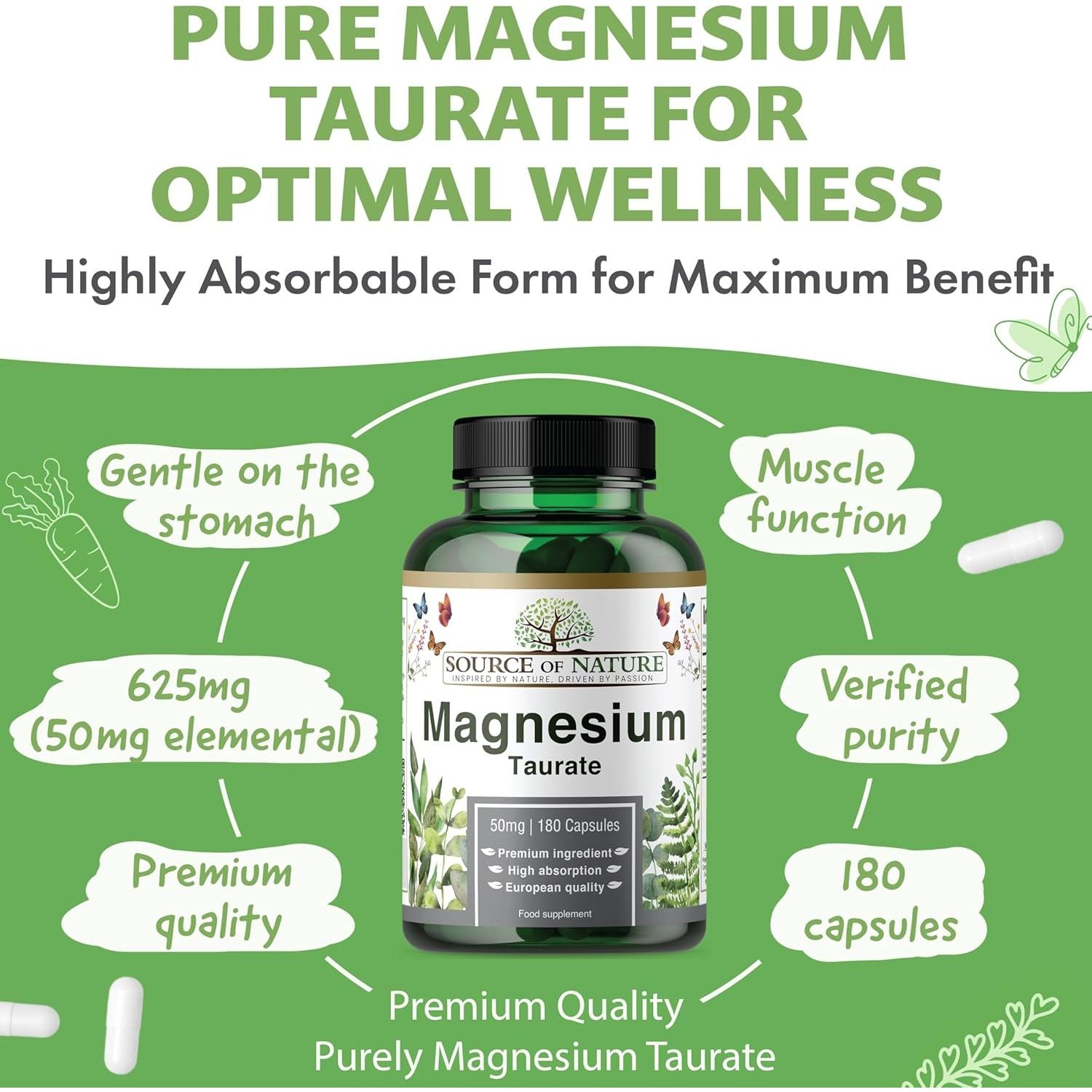 Source of Nature® | Magnesium Taurate 625Mg | 180 Capsules | 45-Day Supply | 50Mg Elemental | High Absorption | Gentle on Stomach | Lab-Tested Purity