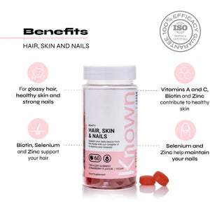 Hair, Skin & Nails Vitamin Gummies by Known | 60 Two-A-Day Vitamin Gummies (One Monthís Supply) | Natural Botanical Extract | for Healthy Hair, Skin & Nails | Strawberry Flavoured Gummies (Pack of 1)