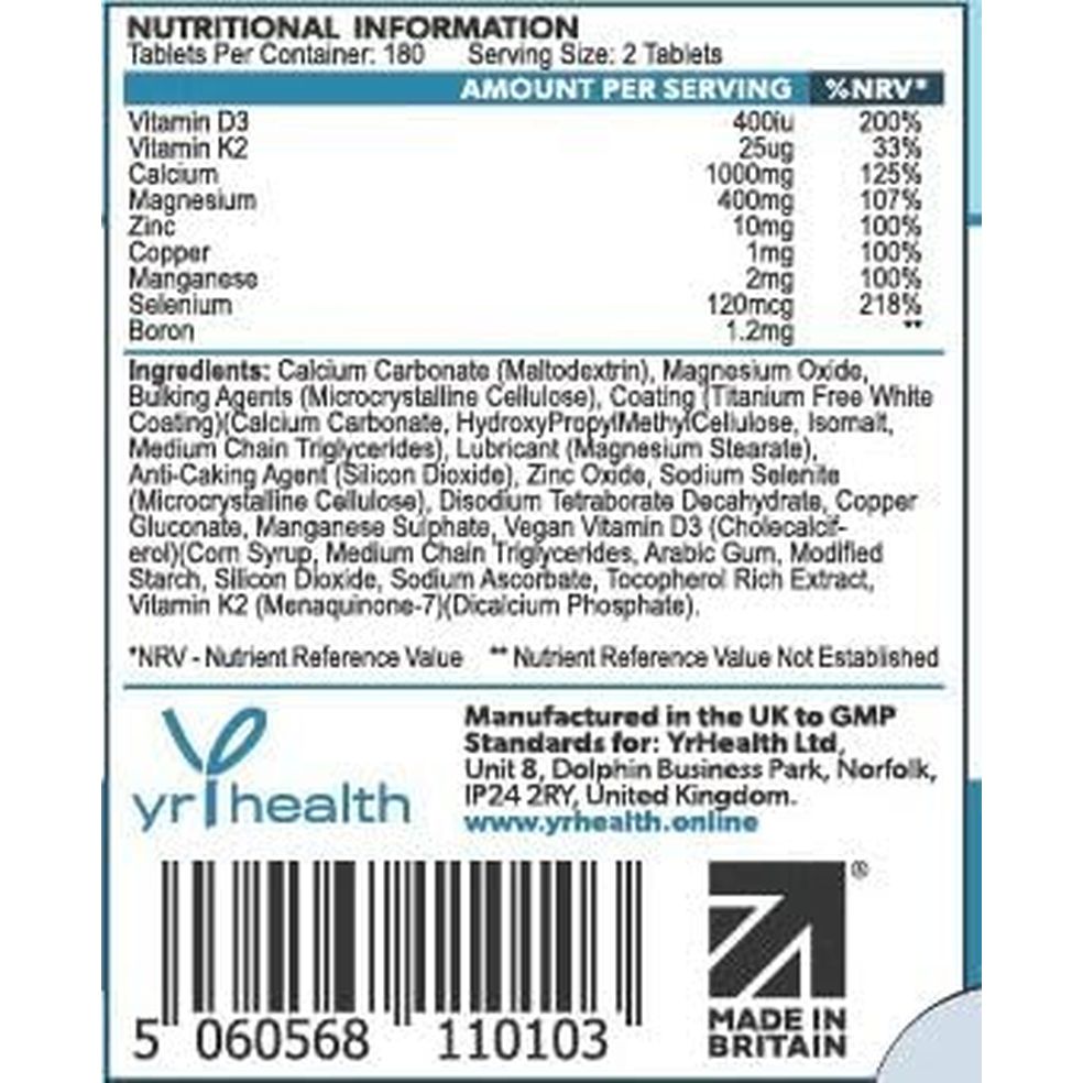 Calcium, Magnesium, Zinc and Vitamin D plus Vitamin K2 MK-7 Tablets - Osteo Supplement - 180 Vegan Tablets Not Capsules - Made in the UK by Yrhealth