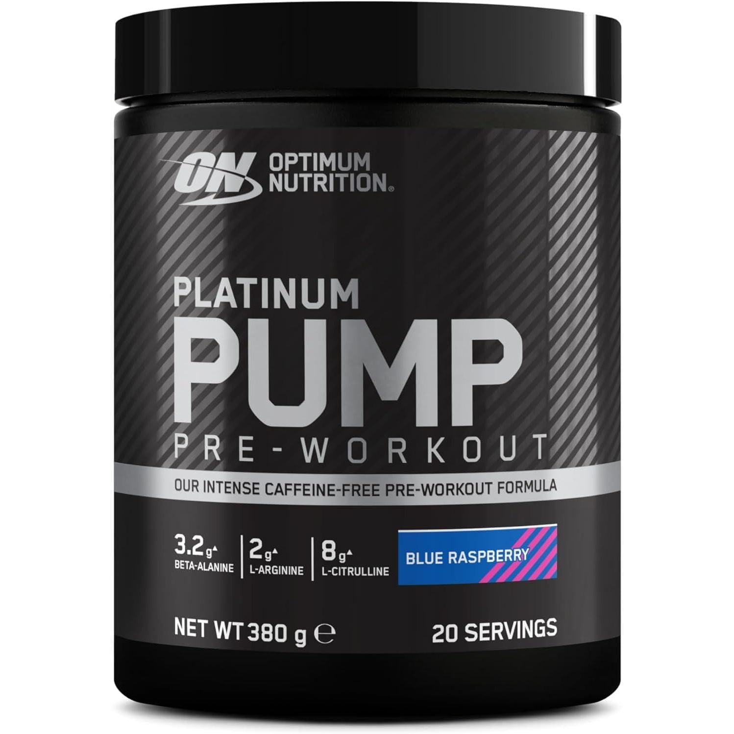 Optimum Nutrition on Platinum Pump Pre-Workout, Intense Caffeine-Free Pre-Workout Food Supplement with Fruitflow, Beta-Alanine, L-Arginine, L-Citrulline, Blue Raspberry Flavour, 20 Servings, 380 G