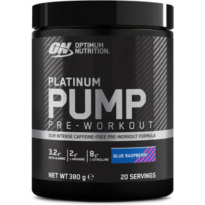 Optimum Nutrition on Platinum Pump Pre-Workout, Intense Caffeine-Free Pre-Workout Food Supplement with Fruitflow, Beta-Alanine, L-Arginine, L-Citrulline, Blue Raspberry Flavour, 20 Servings, 380 G