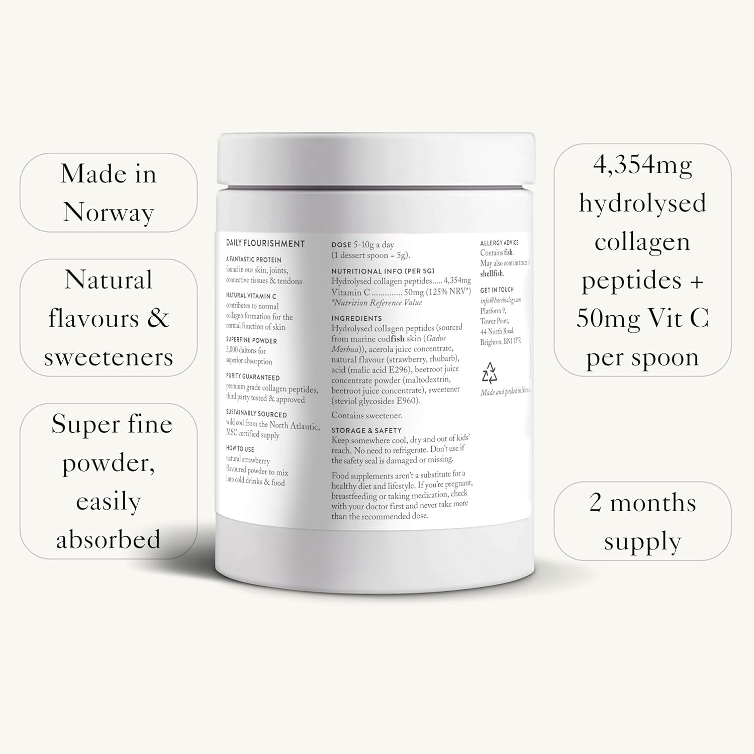Bare Biology Collagen Powder + Vitamin C, 300G/60 Servings, Strawberry Flavour - Skinful Pure Marine Collagen for Skin, Muscles, Hair, Nails, Joints & Bones - Super Strength Type 1 Peptides