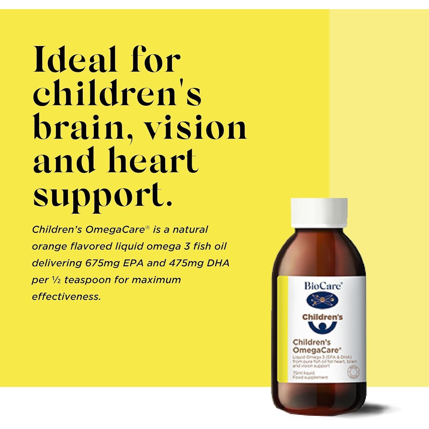 Biocare Children'S Omegacare | Liquid Omega 3 Fish Oil for Heart, Brain & Vision Support | Orange Flavoured - 75Ml